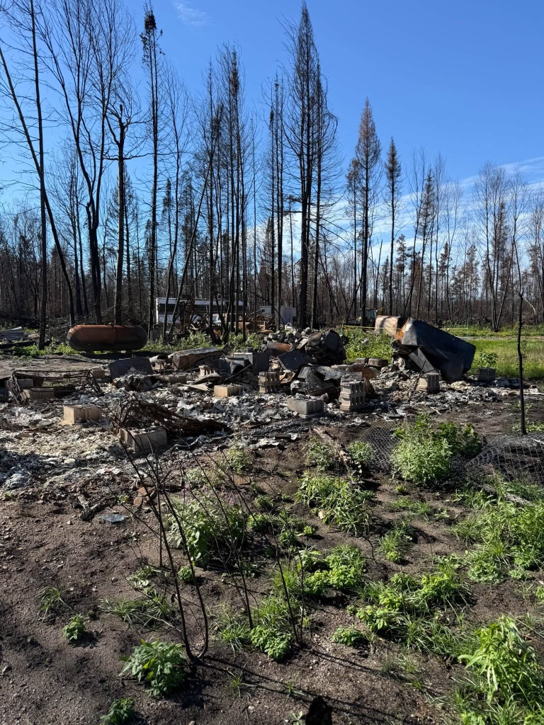 Fire-damaged waterfront property with charred foundation cinder blocks and rubble in Northwestern Ontario